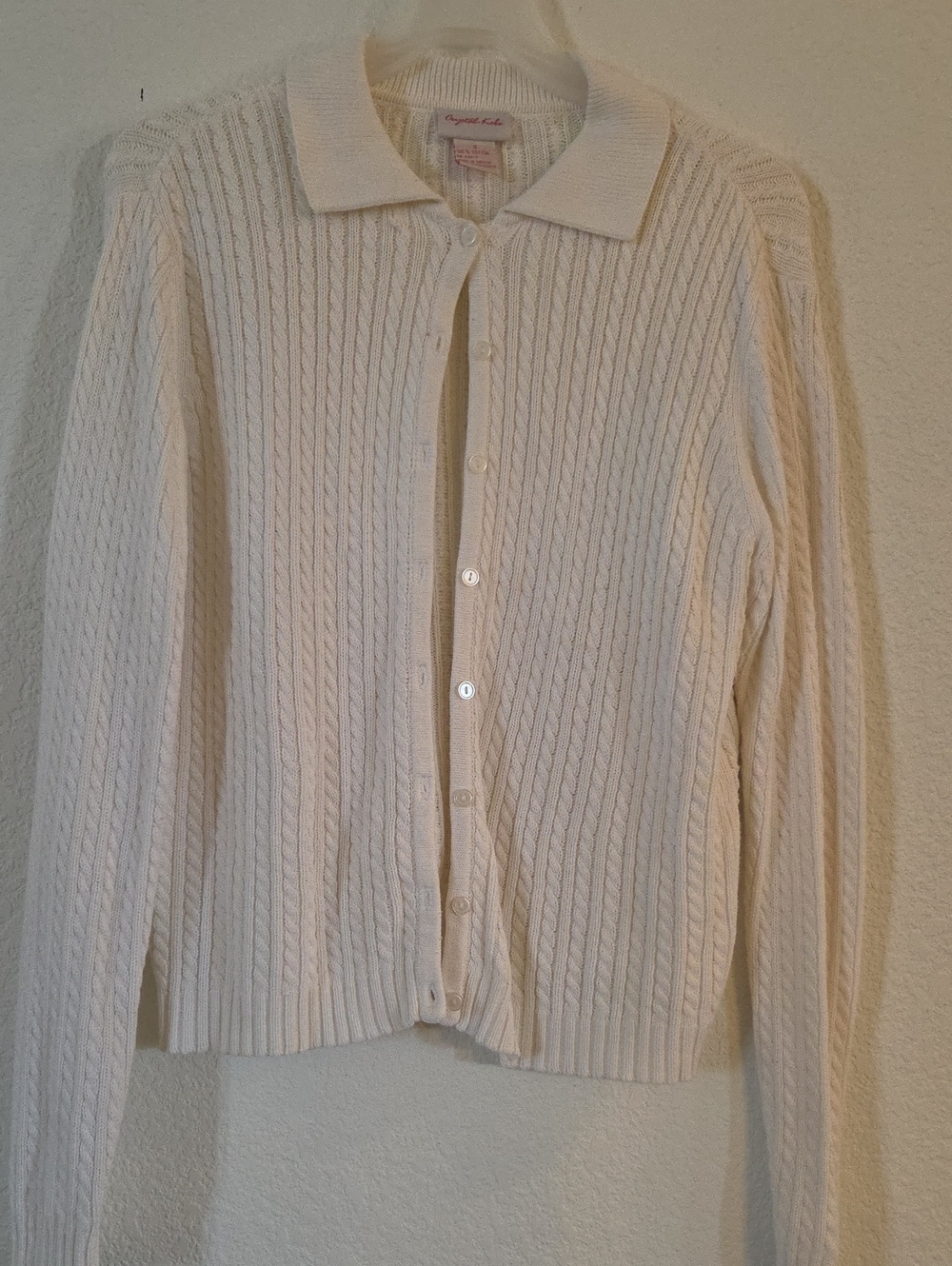 White Cable Knit Button-Front Collared Cardigan